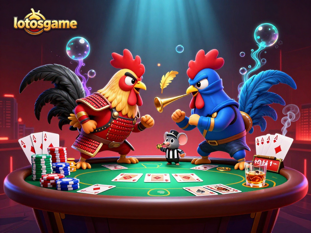 Experience the thrill of lotosgame with dynamic roosters ready for action in a vibrant casino scene.