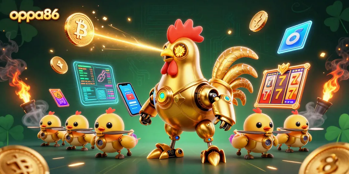 Engage with oppa86's vibrant gaming scene featuring a golden rooster robot and dynamic casino elements.