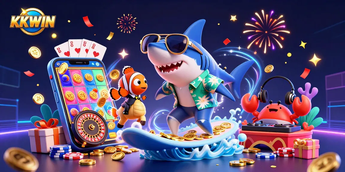 KKWIN features a vibrant 3D casino scene with energetic characters and exciting game elements.