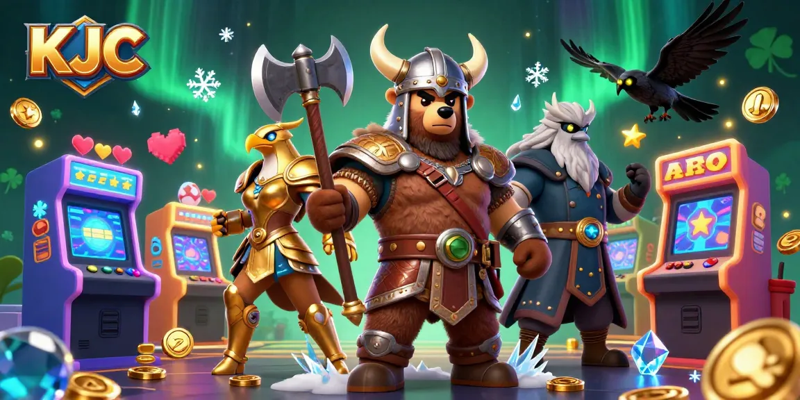 KJC gambling thrills with a Viking bear and golden Valkyrie in a vibrant casino scene.