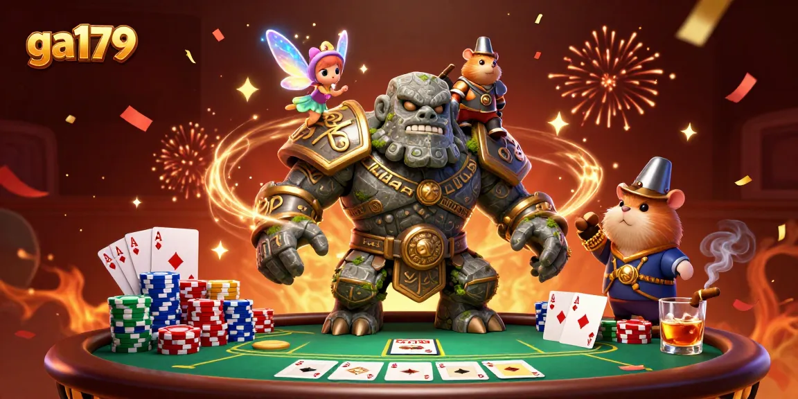 Engage with the ga179 poker experience featuring a magical golem and vibrant game elements.