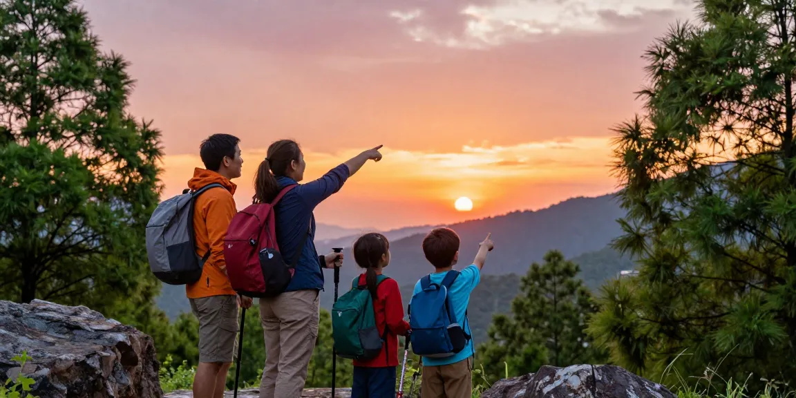 Family adventure with mantra88 in scenic mountain sunset, showcasing outdoor bonding.