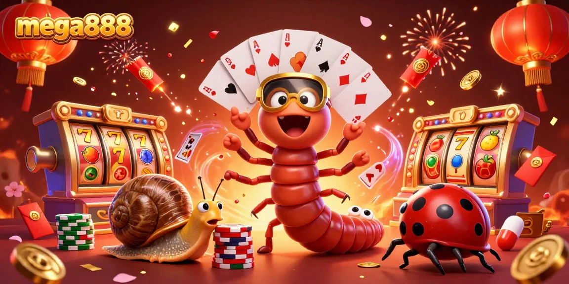 Spin in excitement with mega888 as a whimsical millipede dealer showcases vibrant slot games and festive elements.