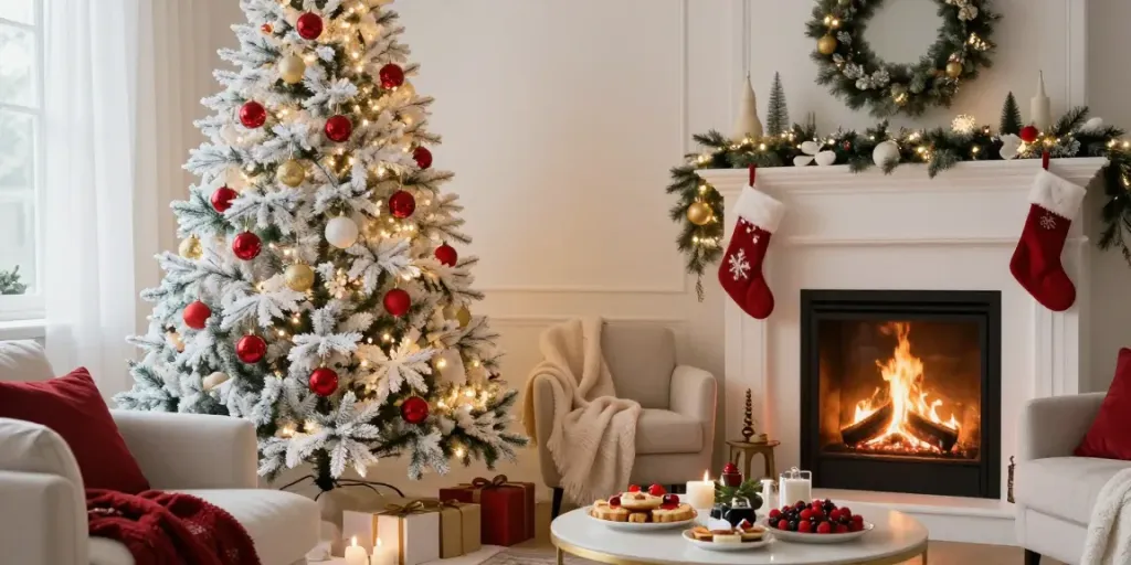 Cozy living room with an artificial white xmas tree and festive decorations.