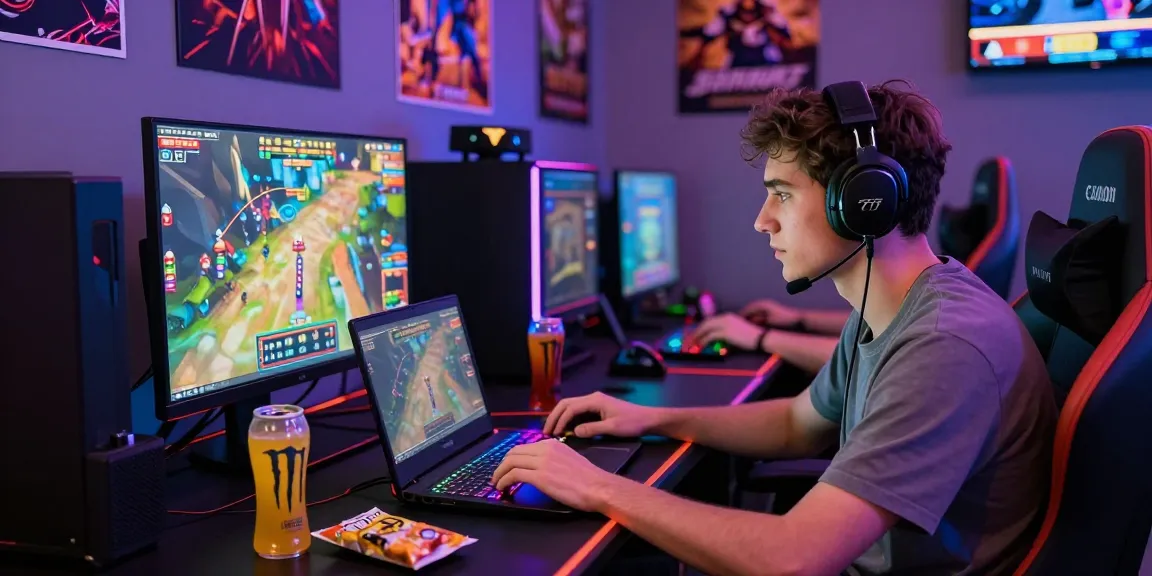 Immersive gaming scene featuring a young man intensely playing slot777 with dynamic graphics and vibrant gaming accessories.