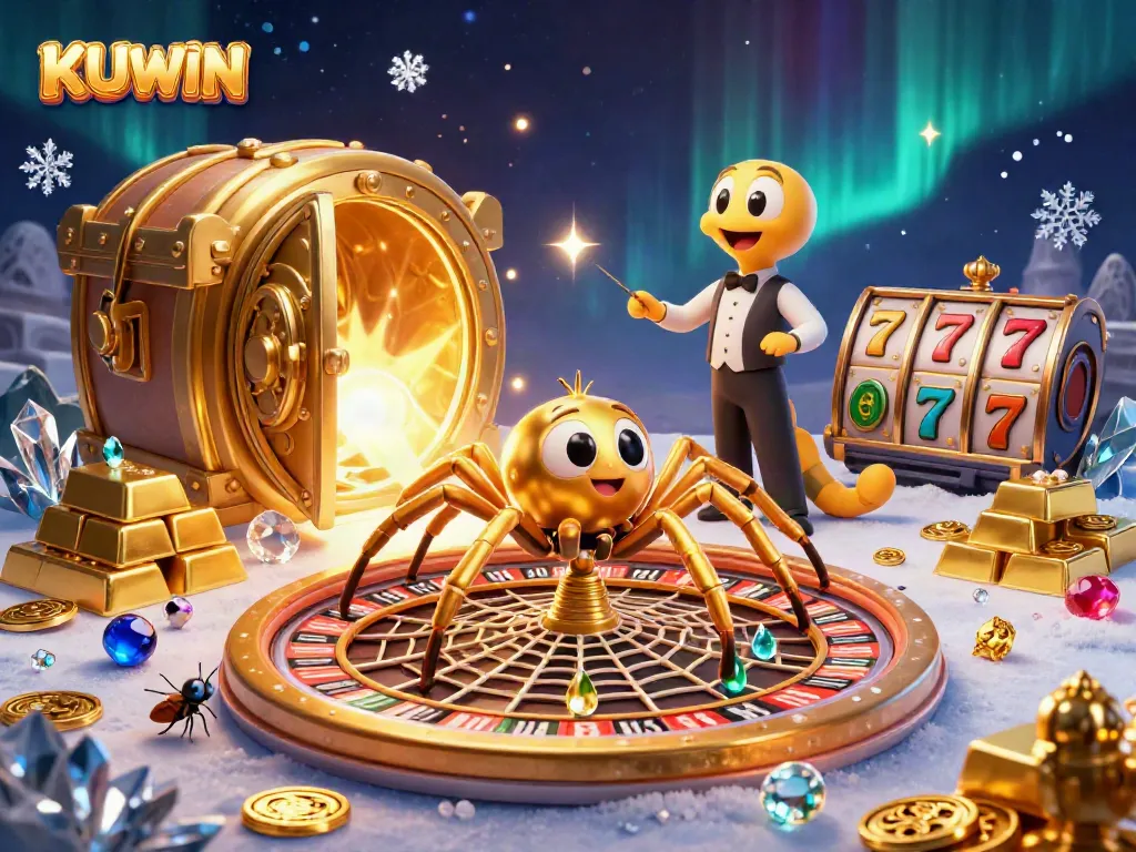 Experience thrilling betting at KUWIN with a vibrant 3D casino scene featuring a spider croupier, a betting fly, and luxury treasures.