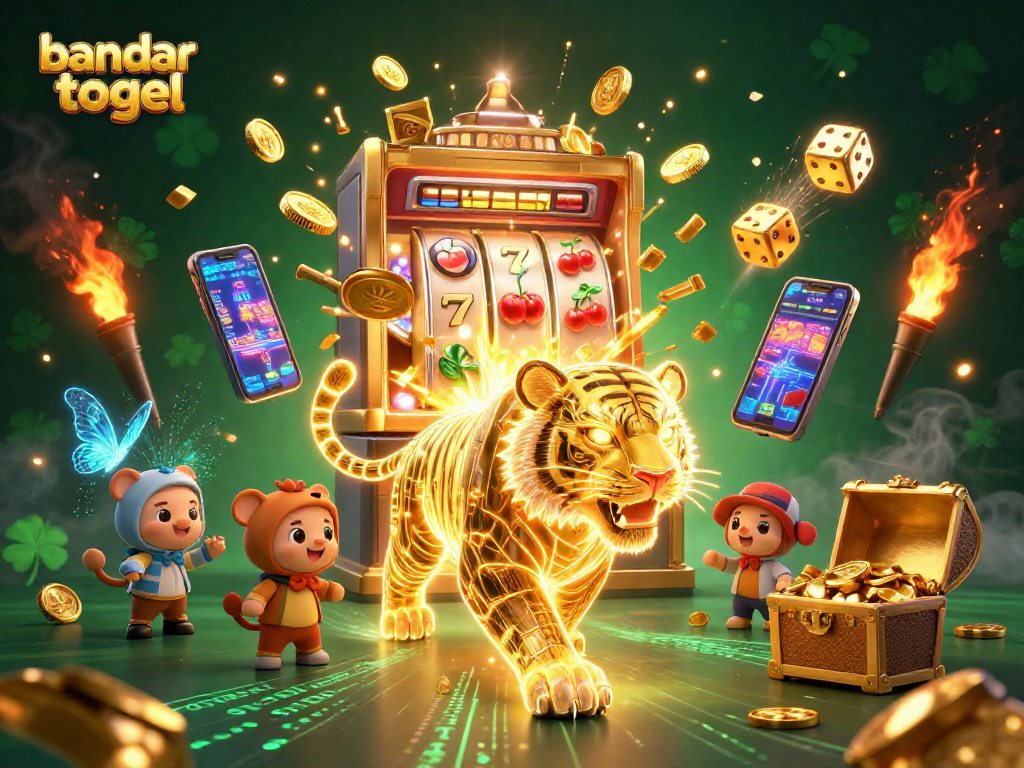 Engage with bandar togel in a dazzling digital casino, featuring a neon-wireframe tiger amidst slot machines and jackpot excitement.