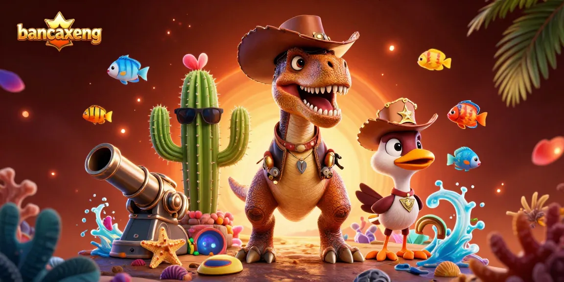 Bancaxeng underwater adventure with a T-Rex, cactus, and roadrunner enjoying fish shooting action.