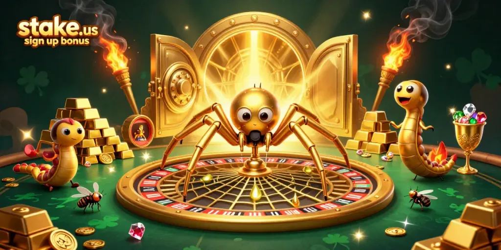 Experience the stake.us sign up bonus while spinning the roulette wheel in this vibrant casino illustration.