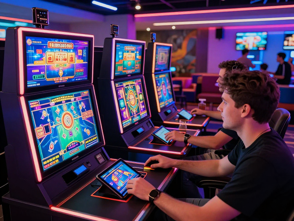 Exciting crypto casino scene with players at digital gaming stations and vibrant neon lights.