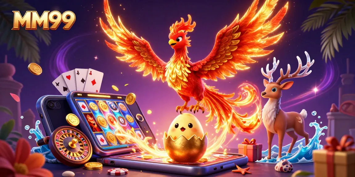 Engage in thrilling gameplay with MM99 featuring epic visuals of a phoenix, vibrant slot games, and poker.