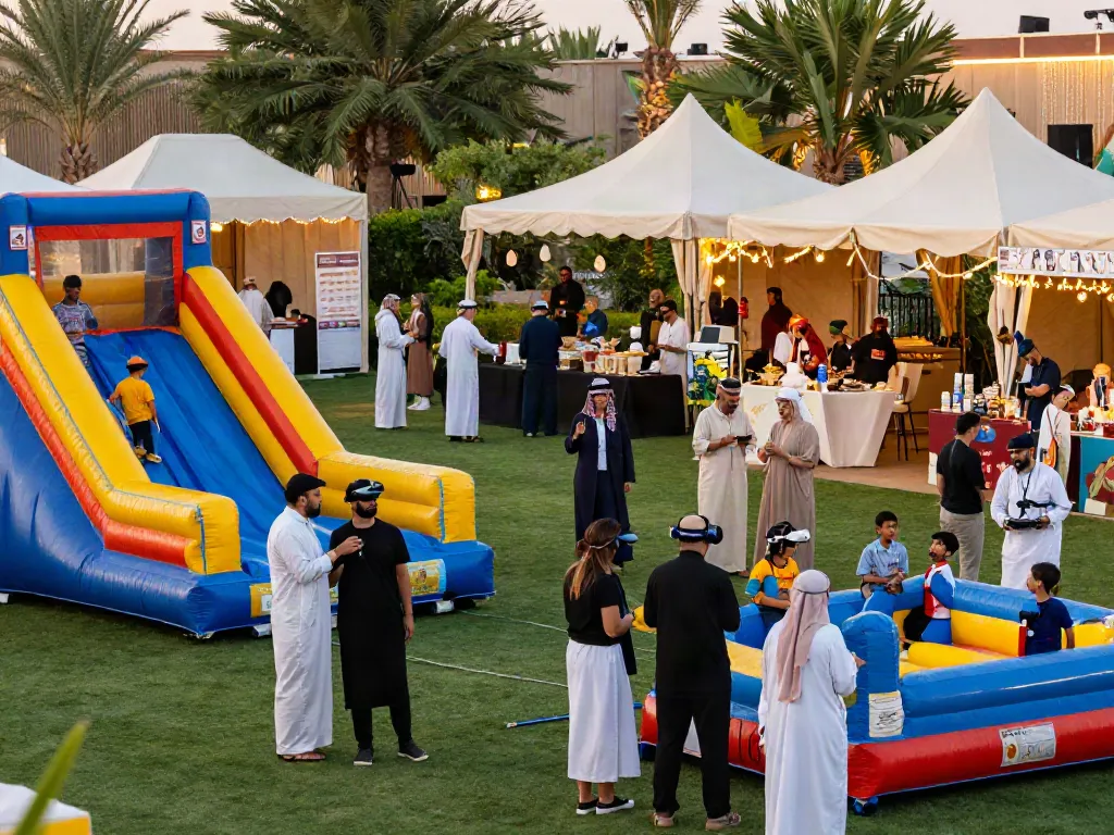 Event rentals enhancing outdoor festival experience with game attractions, luxurious tents, and joyful attendees.