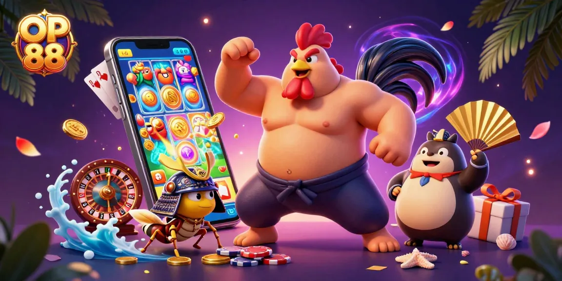Engage with OP 88 in an action-packed casino scene featuring vibrant characters and dynamic gaming elements.