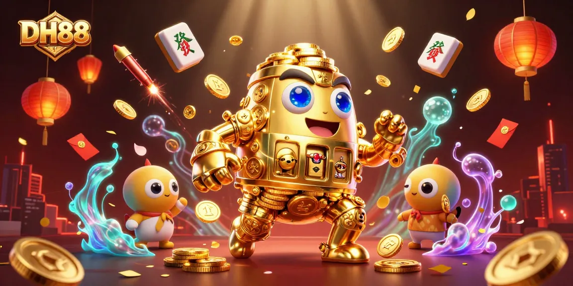 Experience thrilling gameplay with DH88's golden golem and dynamic casino elements in this vibrant illustration.