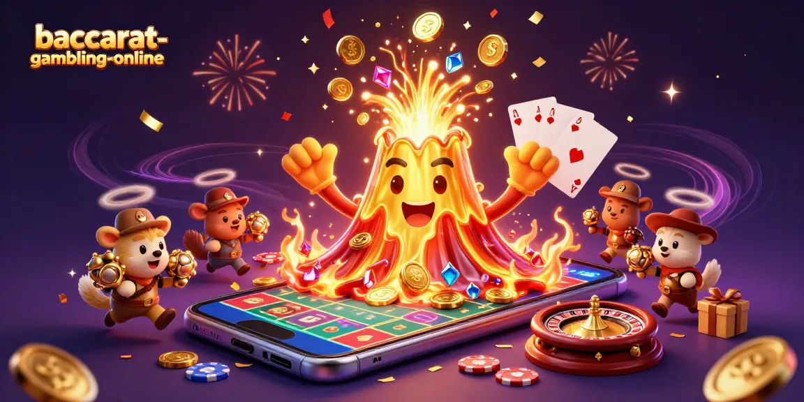 Baccarat-gambling-online featuring an adventurous scene with a golden volcano, treasure, and dynamic casino elements.