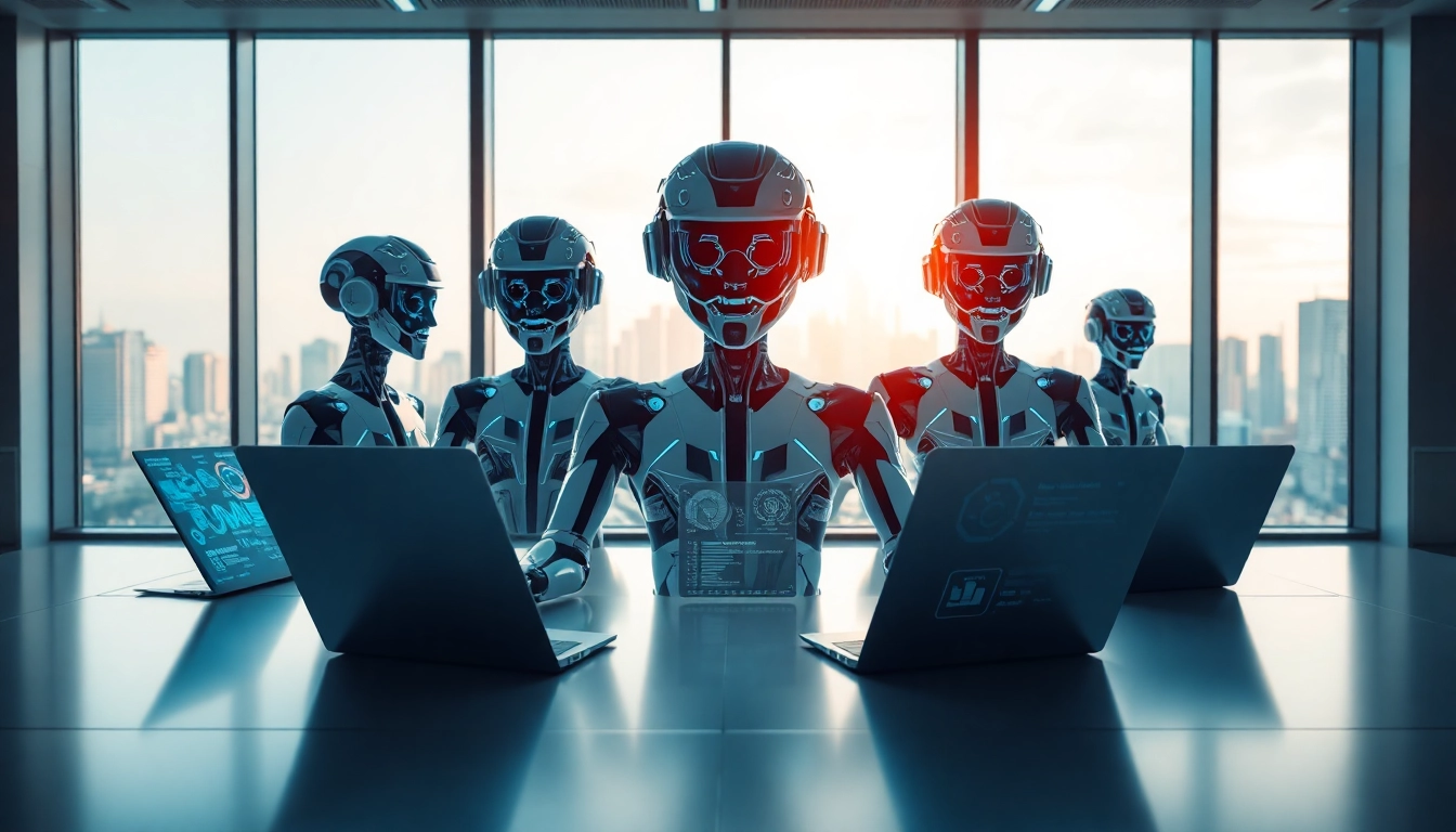 Showcasing AI agents interacting in a modern workspace, highlighting innovation and collaboration.