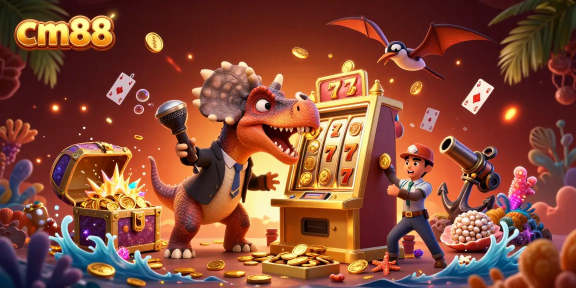 cm88 delivers jackpot excitement as dinosaurs interact with a golden slot machine amidst vibrant casino-themed chaos.