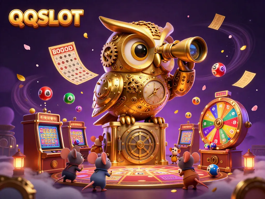 Engage with QQSLOT in this vibrant casino scene showcasing dynamic gaming elements and lively characters.