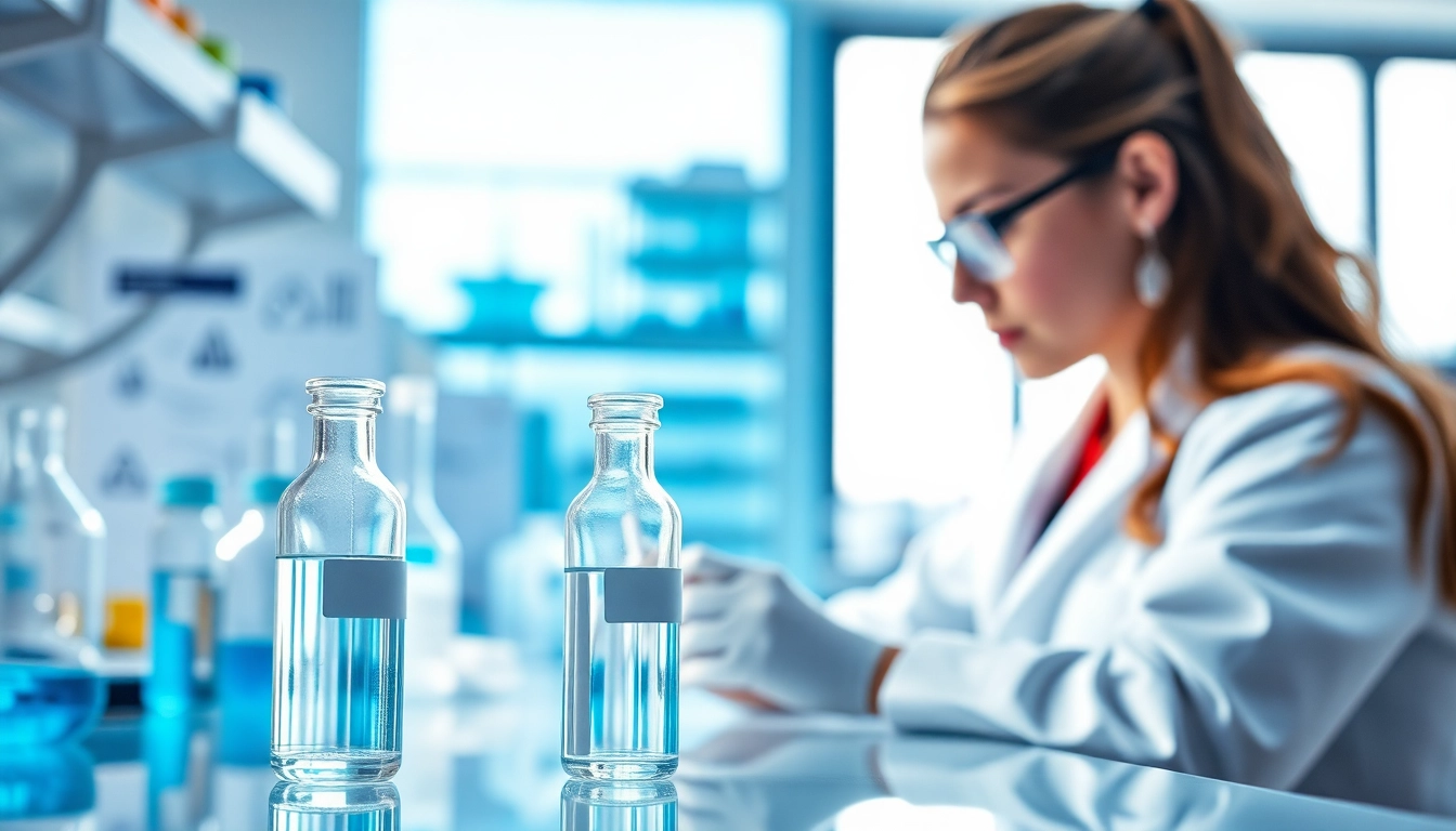 Scientist examining dimethylsulfoxide in a laboratory setup with glass vials and lab equipment.