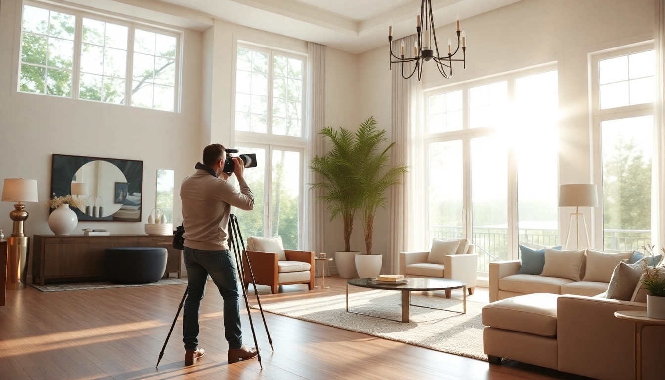Real Estate Photographer capturing a beautifully lit interior space with professional equipment.