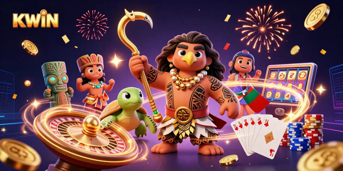 KWIN showcases a vibrant scene with a demigod hawk, turtle sidekick, and glowing tiki statues amidst casino elements.