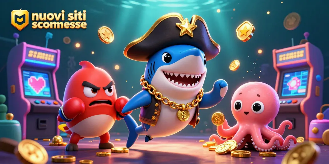 Scopri i nuovi siti di scommesse con un'immagine che presenta un simpatico squalo pirata, un pesce puffer arrabbiato e un polpo con monete d'oro.