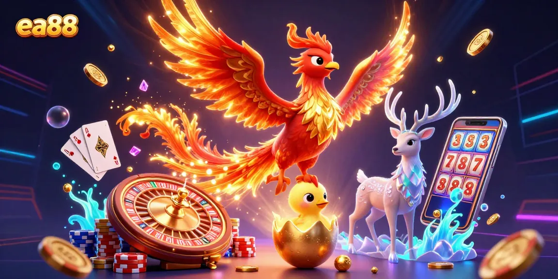 Experience the thrill of ea88 slots with a dynamic scene featuring a phoenix, treasures, and casino elements.