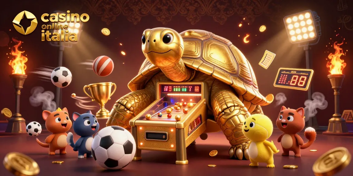 Immagine di casino online italia con un'enorme tartaruga dorata che funge da macchina da pinball.