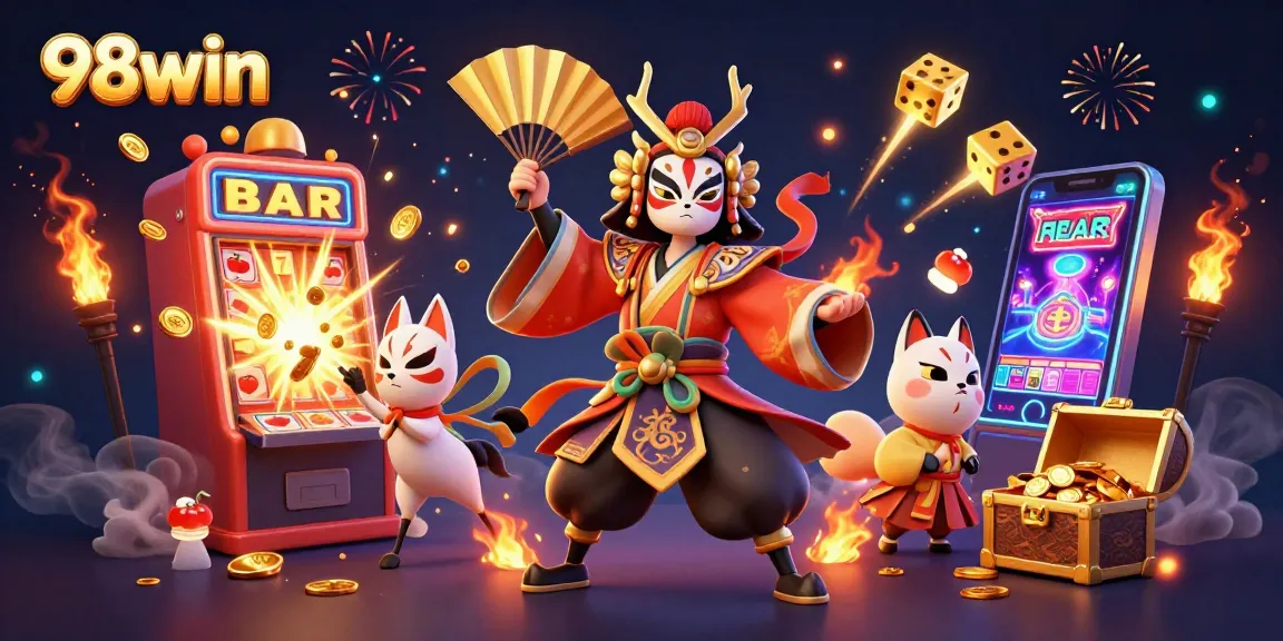 Spin jackpots and explore casino adventures with 98win's vibrant 3D illustration.