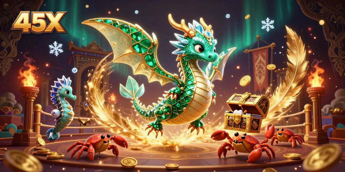 45X showcases a vibrant casino scene with a sea dragon and treasure chest, highlighting excitement and strategy.