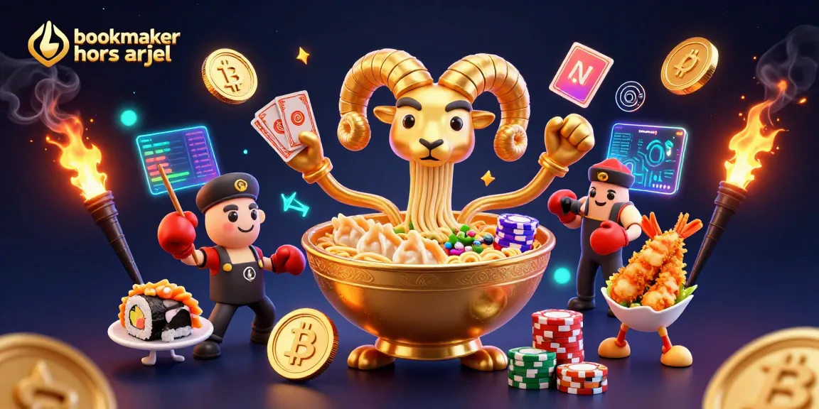 Pariez sur bookmaker hors ARJEL avec une scène animée de personnages inspirés du jeu, parmi des jetons et des pièces.