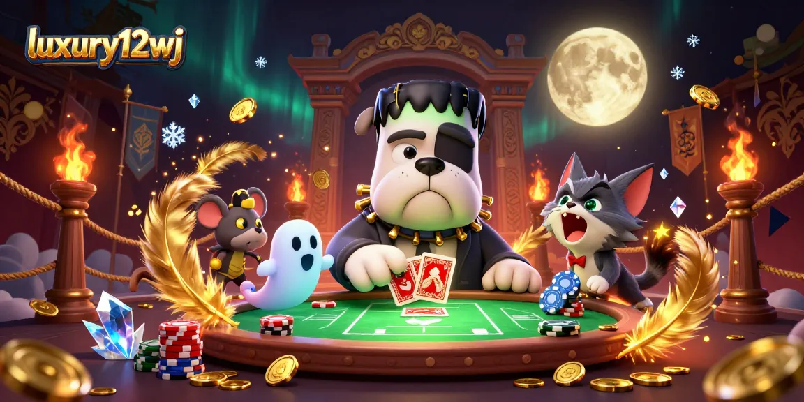 Experience luxury12wj as a cartoon bulldog monster deals cards at a spooky casino table.