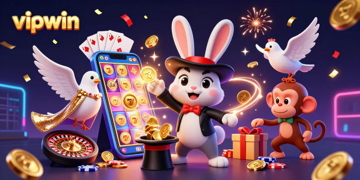 Experience vipwin's vibrant casino scene with a magician rabbit, glamorous dove, and playful monkey amidst slot games and poker chips.