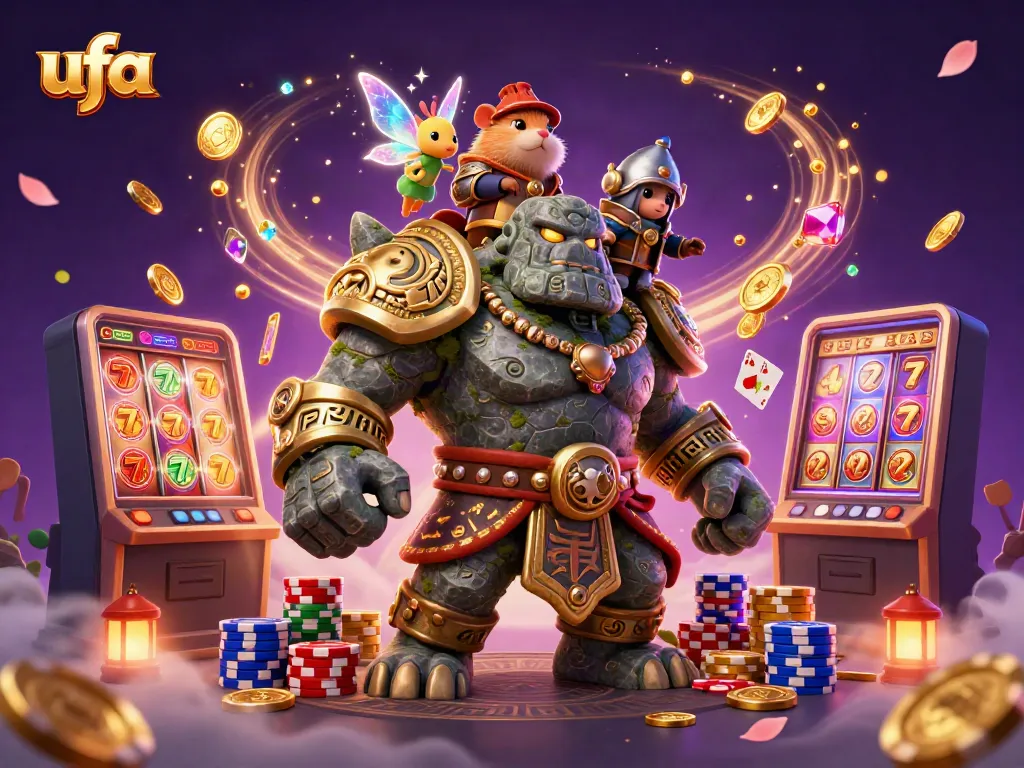 ภาพการเล่นเกม ufa พร้อมกับกัวด ประกอบด้วยเหรียญทองหมุนเกมและการ์ดในบรรยากาศที่น่าตื่นเต้น