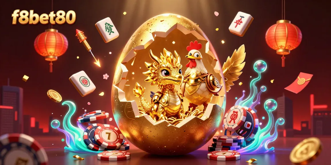 Experience the excitement of f8bet80 with a golden dragon guarding poker chips amidst vibrant casino elements.
