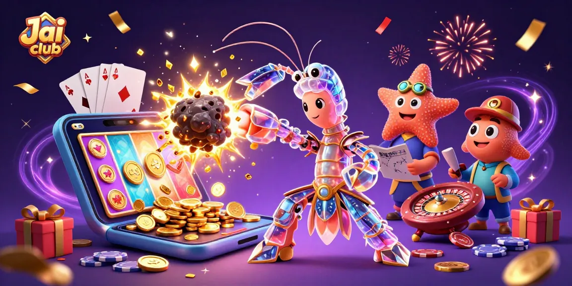 Engage with Jai club’s thrilling gameplay through a vibrant 3D illustration of a mantis shrimp breaking an asteroid, symbolizing jackpots.