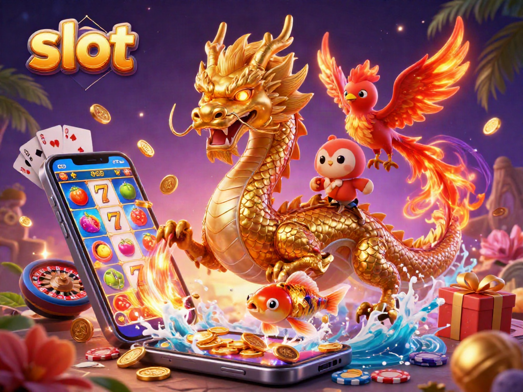 Engage with slots through an exciting illustration featuring a golden dragon and dynamic gaming elements.