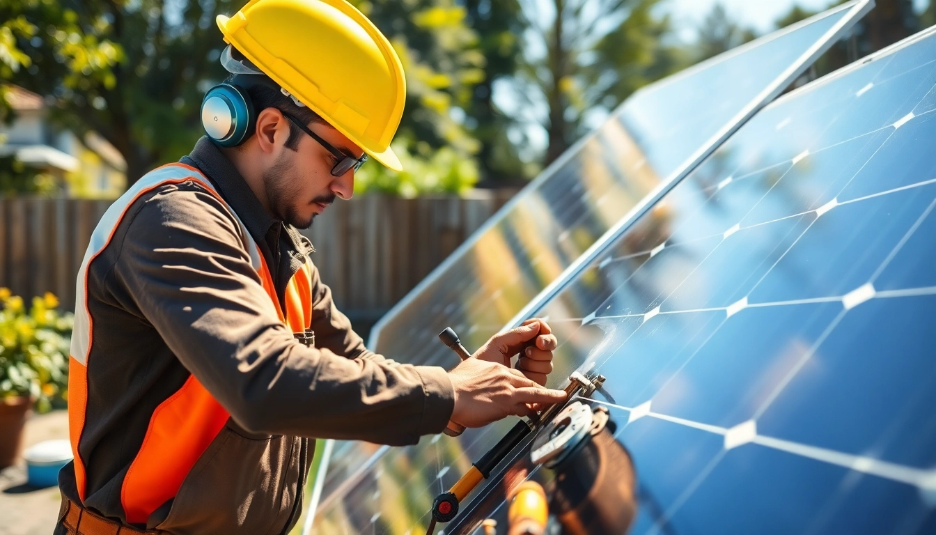 Technician engaged in solar panel repair near me with damaged panels showcased in a sunny environment.