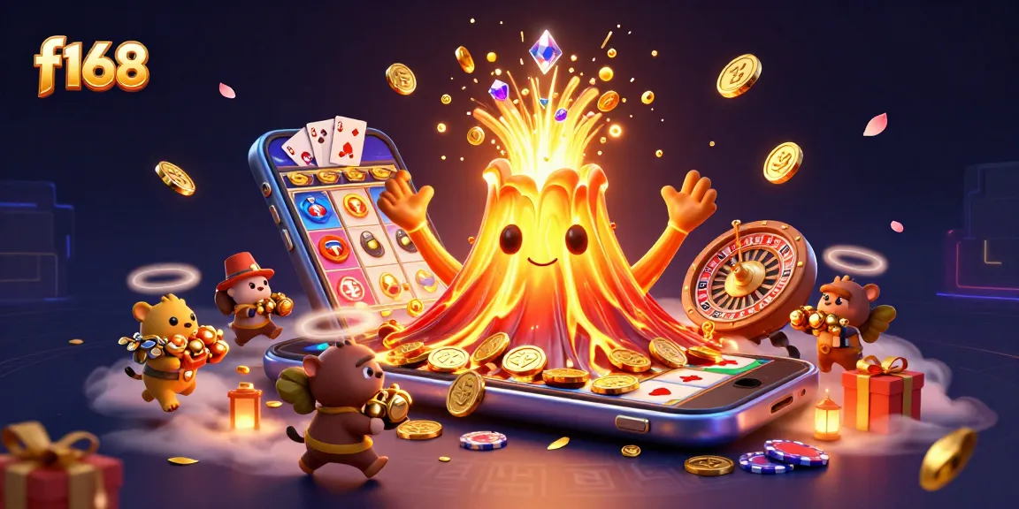 Experience exciting wins with f168 in this detailed 3D casino illustration filled with vibrant games and treasures.