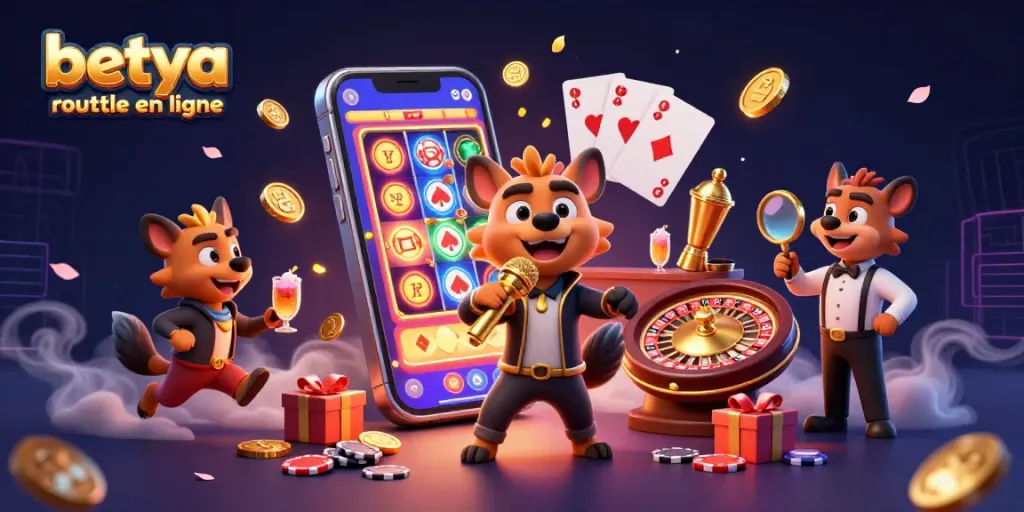 Experience betya roulette en ligne with lively hyenas in a vibrant casino atmosphere featuring a comedian, bartender, and bouncer.