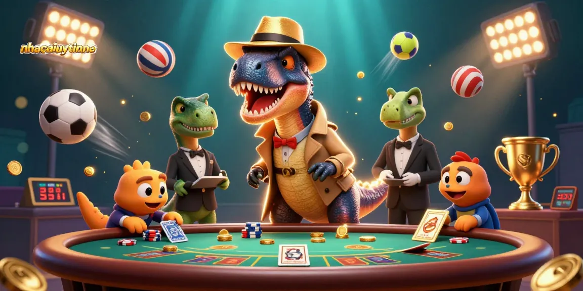 nhacaiuytinne showcases a velociraptor card counter at a blackjack table surrounded by casino elements.