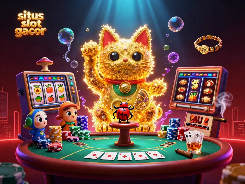 Engage with situs slot gacor through dynamic 3D illustration of a lucky cat and slot symbols.