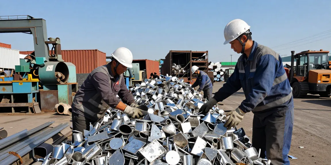 Pemandangan lokasi industri scrap metal di https://www.scrapsolutionplace.com/ dengan pekerja yang memilah logam bekualitas tinggi.