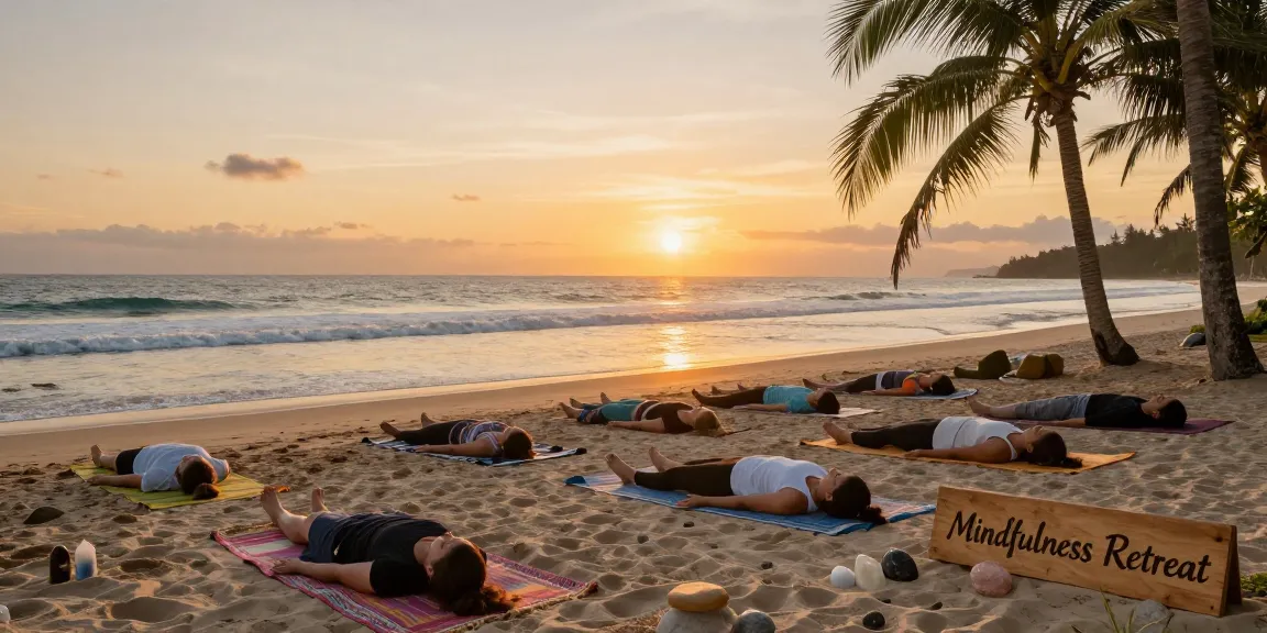 Wellness retreat at a tranquil sunset beach yoga session with individuals practicing poses.
