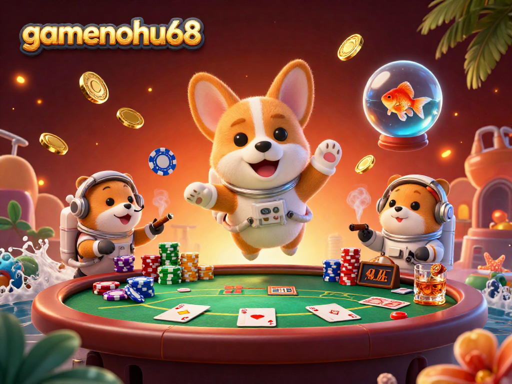 Join the fun at gamenohu68 with a vibrant poker scene featuring cartoon characters in a casino.