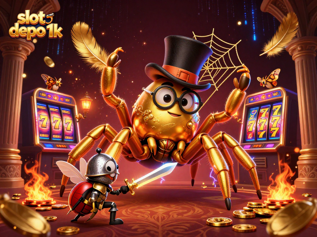 Engage with slot depo 1k through this intricate illustration of a golden tarantula and beetle knight in a casino.