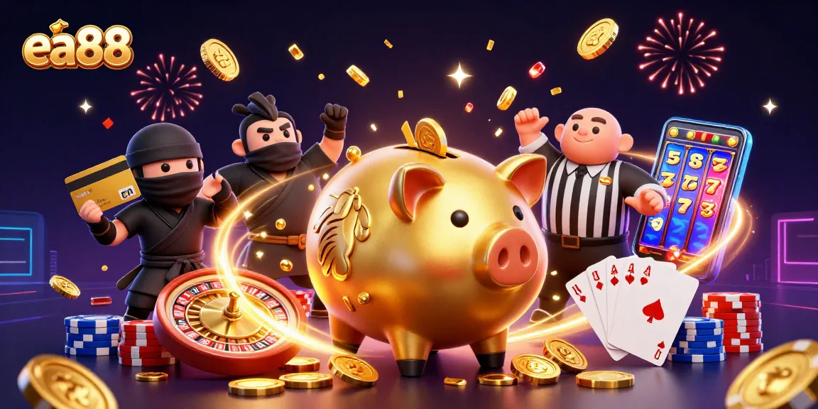 ea88 showcases an exciting scene with a sumo wrestler, ninja, and referee amidst flying coins and casino elements.