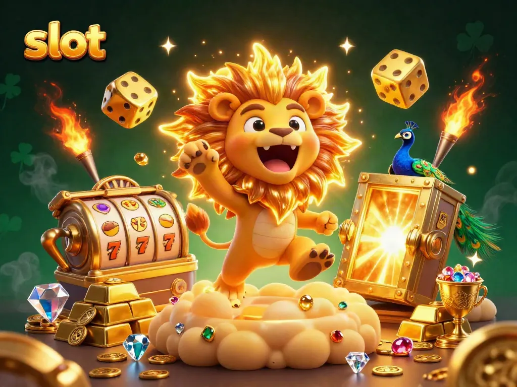 Slot yang menarik dengan singa matahari 3D dan simbol keberuntungan bersinar melimpah.