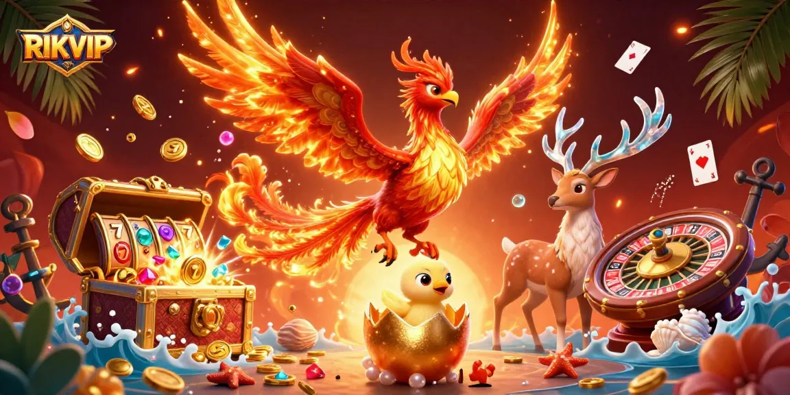 RIKVIP offers an exciting gambling environment with dynamic scenes full of golden coins and slot elements.
