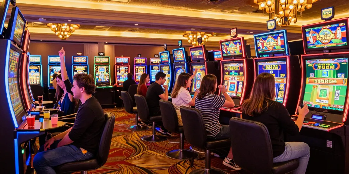 Exciting bandar slot gaming scene with friends celebrating wins in a vibrant casino.